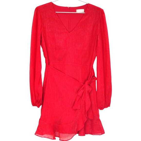 Altar'd State Mini Dress Long Sleeve Faux Wrap Tie Waist Red Sparkle Womens M - Picture 1 of 8
